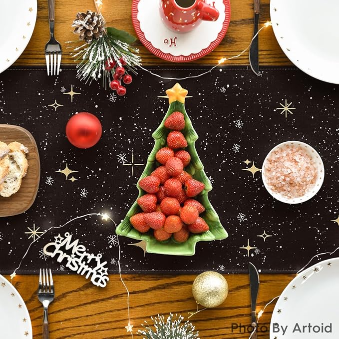 Artoid Mode Xmas Trees Black Merry Christmas Table Runner, Seasonal Winter Kitchen Dining Table Decoration for Home Party Decor 13x120 Inch