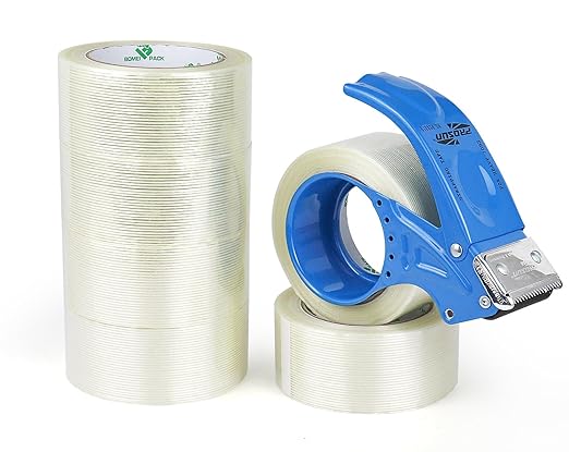 BOMEI PACK Strapping Tape 2Inch, Fiberglass Reinforced Heavy Duty Packing Tape with Dispenser with String for Moving and Shipping, 6Rolls x 5.5Mil x 35Yds, Total 210Yds