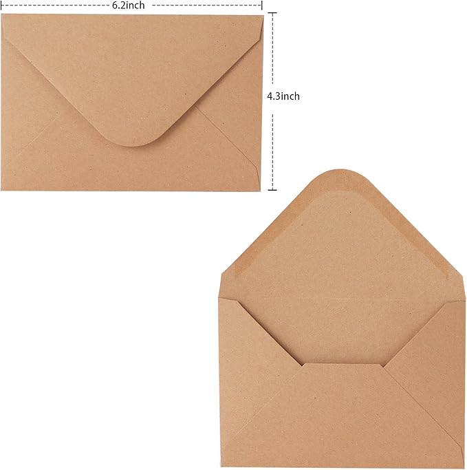 V-flap Kraft Envelopes, 50 Pack, 4 x 6 Inch, A4 Envelopes, Card Envelopes, Brown Envelopes, Kraft Paper Envelopes for Invitations, Postcard Envelopes, Water Base Adhesive, Gummed Flap