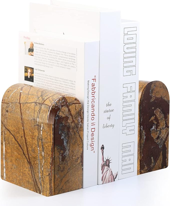 Koville Indian Natural Marble Bookends for Shelves, Book Ends for Heavy Books, 13LBS Ultra Heavy Duty Book Holders, Triumphal Arch Bookends Bookshelf Decor for Movies/CDs/Video Games(Rainforest Gold)