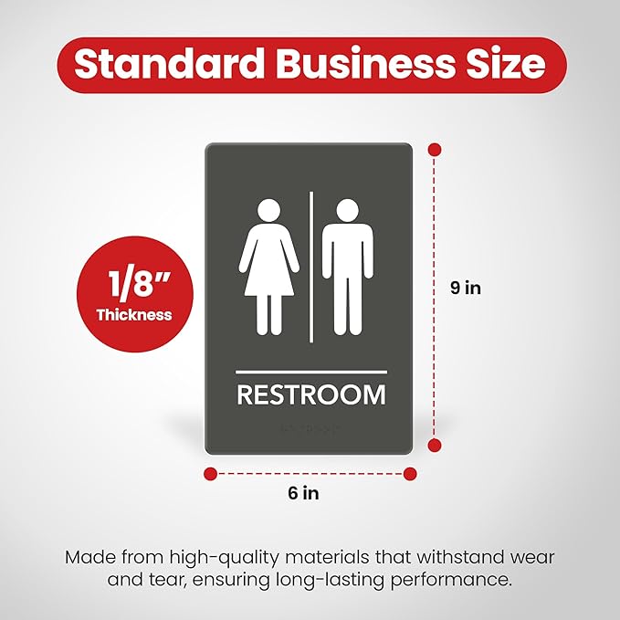 Promot Unisex Bathroom Sign – ADA Braille Restroom Sign for Business, Self-Adhesive, 9" x 6", Commercial Door Signage, Office Wall Decor - Gray