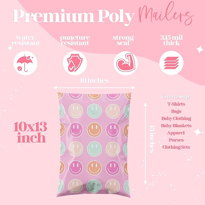 14.5x19 Designer Poly Mailer 100 Pack Heavy Duty Waterproof Self Seal Shipping Bags for Small Business Large Mailing Envelopes Bulk Tear Resistant Cute Packaging Smiley Face