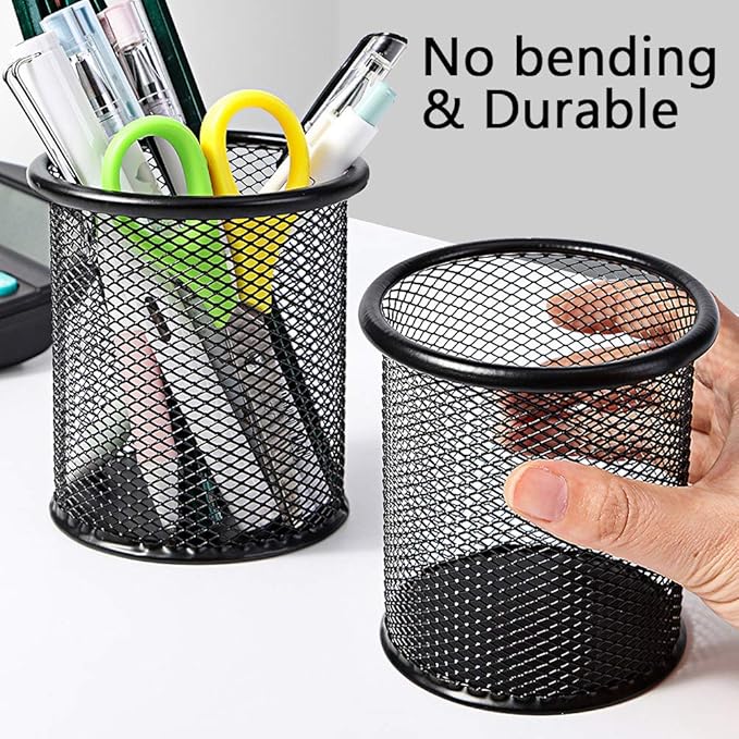 Ameceres 4 Packs Wire Mesh Pencil Holder Metal Pen Cup Desk Pen Organizer Case Pencil Jar Black for Office Home (Silver)