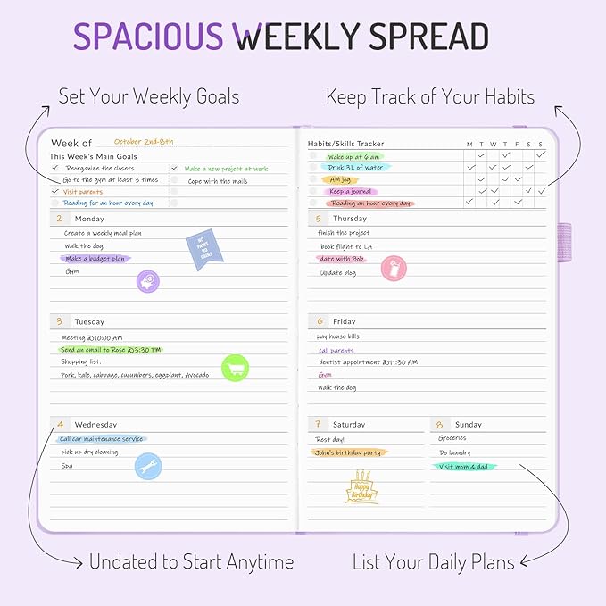 Undated Weekly Planner for 2025, Forvencer Simplified Weekly & Monthly Calendar Planner, Cute Daily Organizer Notebook, Agenda Journal to Track Goals & Tasks, Start Anytime, A5 Size, Pink