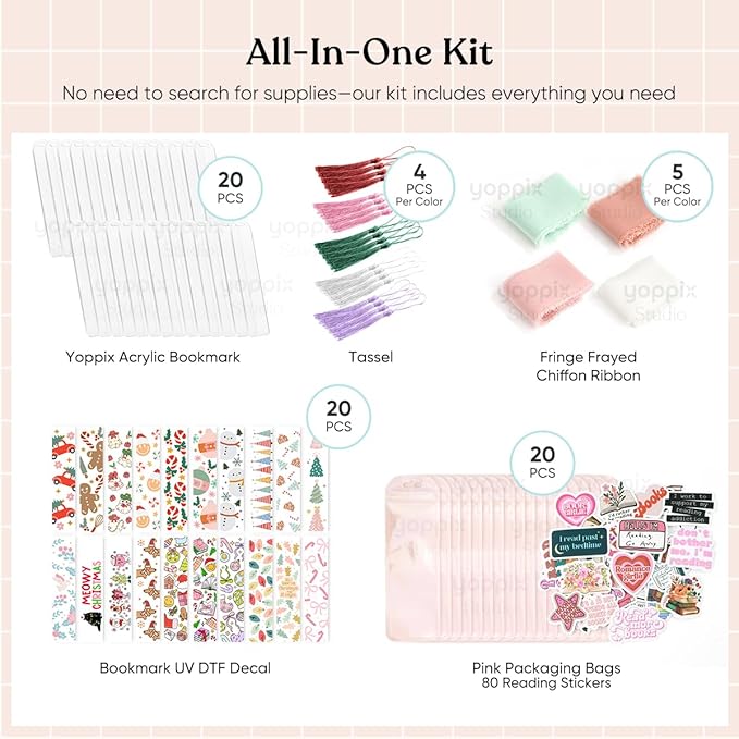180 Pcs Acrylic Bookmark Blanks- 20 Set Bookmark Making Kit with 20 UV DTF Stickers About Christmas Theme 20 Tassels 20 Ribbon 80 Bookish Stickers for DIY Your Crafts Gift for Book Lover