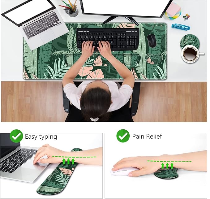 AIMSA Large Gaming Mouse Pad Set, Keyboard Wrist Rest Support Mouse Pad, Ergonomic Memory Foam Multifunctional Extended Desk Mat 35x15.7in Anti-Slip Rubber Base for Office Home, Pink Green Leaves