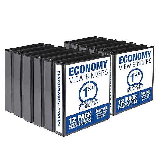 Samsill 1.5 Inch 3 Ring Binders, Made in USA, Economy Round Ring, Clear View Cover, 325 Sheet Capacity - for School, Home, Office - Black, 12 Pack