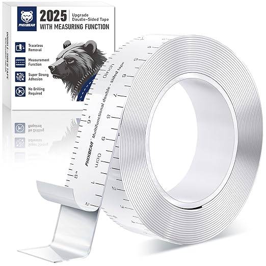 Heavy Duty Mounting Tape with Inch Measure Mark, Removable Clear Traceless Double Sided Strong Adhesive Tape for Wall, Carpet, Poster, Dorm Room, No Residue 1.18" x 15Ft