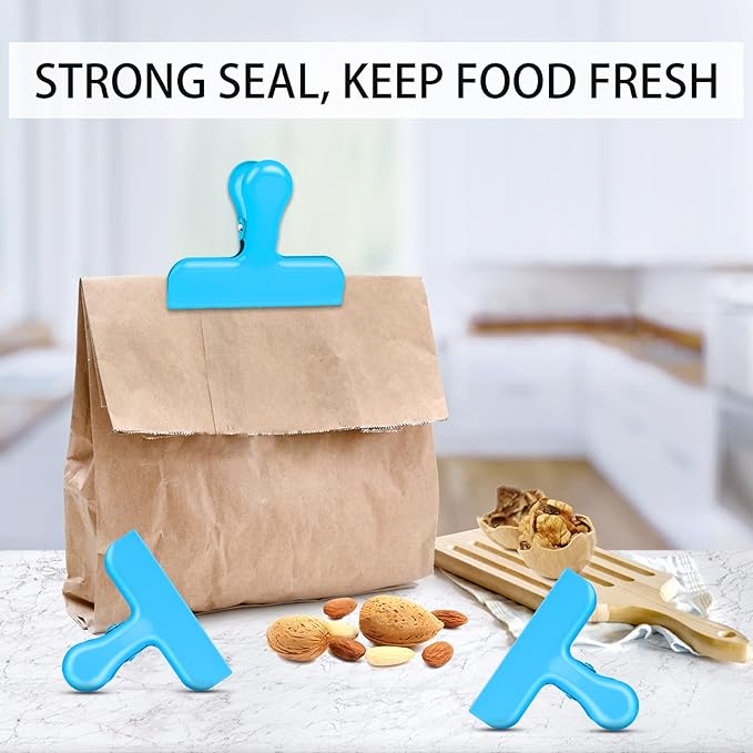 Bag Clips Heavy Duty Stainless Steel Chip Clips, Food Bags Clamp Great for Kitchen Office to Seal Coffee Bags, Paper Sheets - Pack of 8（Blue）