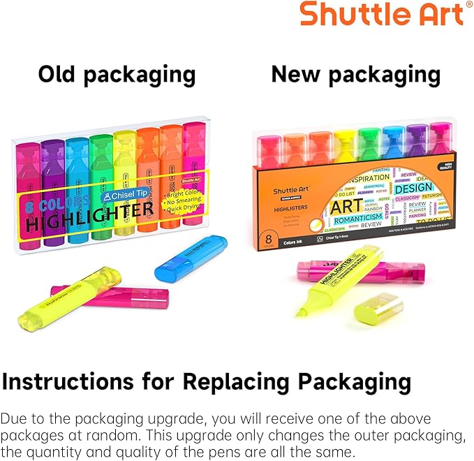 Shuttle Art Highlighters, 8 Assorted Colors Highlighter Pens, Chisel Tip Dry-Quickly Non-Toxic Highlighter Markers for Adults Kids Highlighting on Home School Office
