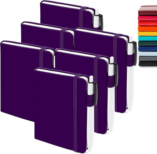feela 6 Pack Pocket Mini Notebooks Bulk, Small Cute Memo Notepads Hardcover College Ruled Lined Journals with Pen Holder for School Business Work, with 6 Black Pens, 3.5”x 5.5”, A6, Purple