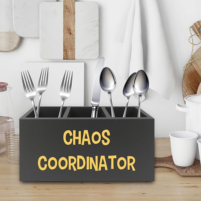 Chaos Coordinator Black Yellow Pen Pencil Holder Organizer for Desk, Thank You Gifts for Women Men Coworkers Boss Leader Manager, Appreciation Gifts Wooden Box Sign for Desk Tabletop Decorations
