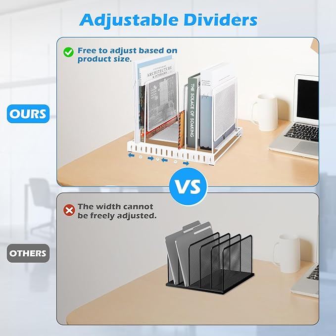 EASEPRES 5 Section Vertical Metal Mesh Desk File Organizer, Spacing Adjustable Upright Desktop Paper Mail Document Magazine Sorter Folder Holder for Workspace Office School Home, White