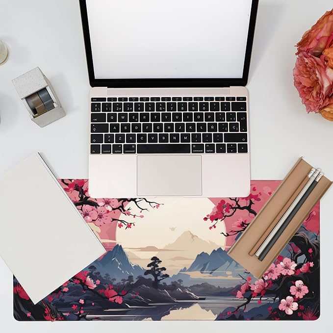 Desk Pad,Pink Cherry Blossom Tree Desk Mat,Mountains and Sun Large Gaming Mouse Pad for Desk,Extended Big Computer Keyboard Mouse Pad with Non-Slip Base and Stitched Edge,35.4"x15.7"