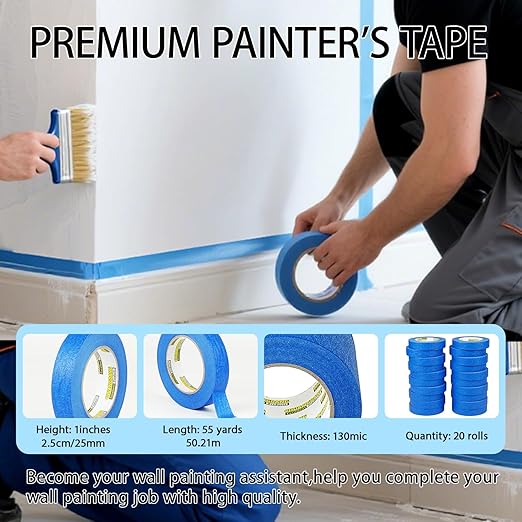 Blue Painters Tape 20rolls,1Inch x 55Yards,Blue Masking Tape,Paint Tape for Wall Painting,DIY Crafts Arts,Painter's,Decoration Labeling,No Residue, Easy Removal