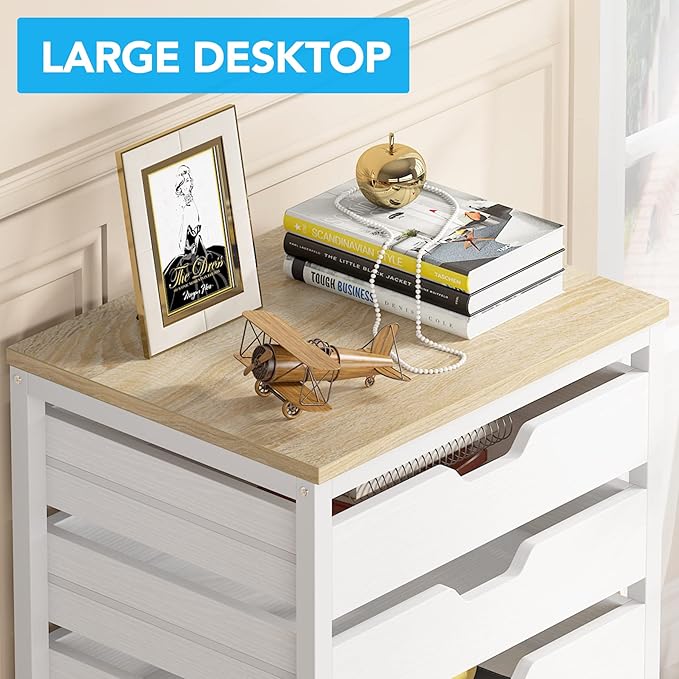 Tribesigns 5 Drawer Chest, Wood Storage Dresser Cabinet with Wheels, Industrial Storage Drawer Organizer Cart for Office Bedroom Entryway (White, 1 PC)