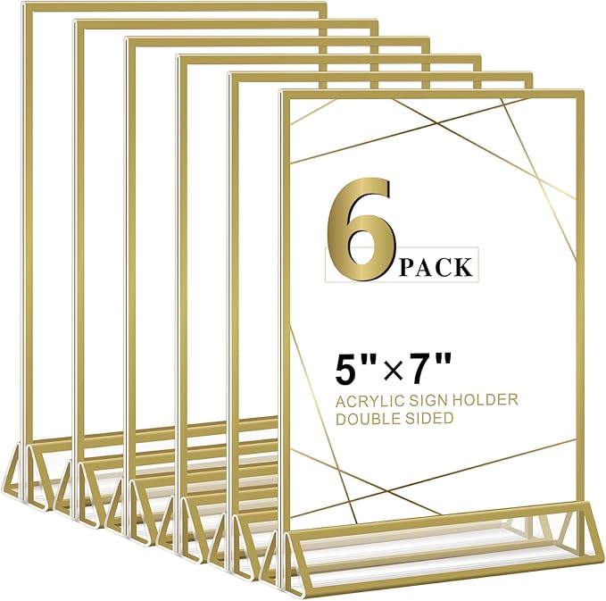 Acrylic Sign Holder 5x7 - Gold Acrylic Double-Sided Picture Frame Display Stand, Clear Table Tent Menu Holder & Plastic Paper Holder - Vendor Booth Display Items for Wedding Business Store Party