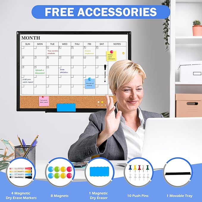 Monthly Calendar Whiteboard Dry Erase Cork Board Combo for Wall, 36" x 24" Magnetic Double-Sided Calendar White Board and Bulletin Board, Portable Board for Office, Kitchen, School, Home