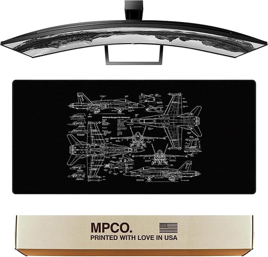MPCO. Blueprints Large Gaming Desk Pad - 36" x 17" Aeroglyde Fabric 18A Hornets – Black Desk Mats - Non-Slip, Washable, Smooth Glide for Precision Gaming & Work