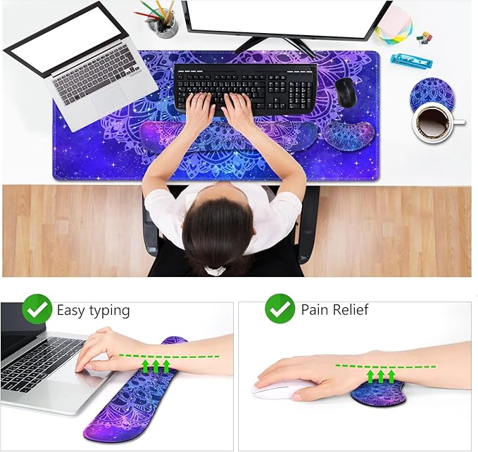 AIMSA Keyboard Mouse Pad Set, Large Gaming Mouse Pad +Wrist Rest Mouse Pad +Keyboard Wrist Support +Coaster, 35x15.7 inch Extended Desk Mat for Easy Typing Pain Relief (Blue Purple Mandala)