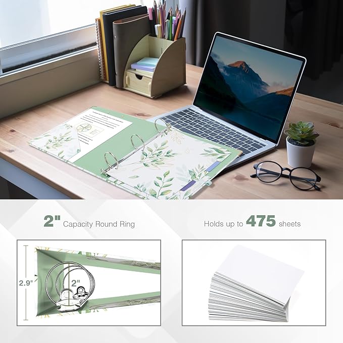 Ospelelf Binder 3 Ring 2 Inch, Green Floral Round Ring Clipboard Binder with 5 Tab Dividers for Letter Size Documents, for School and Office Supplies, Greenleaf