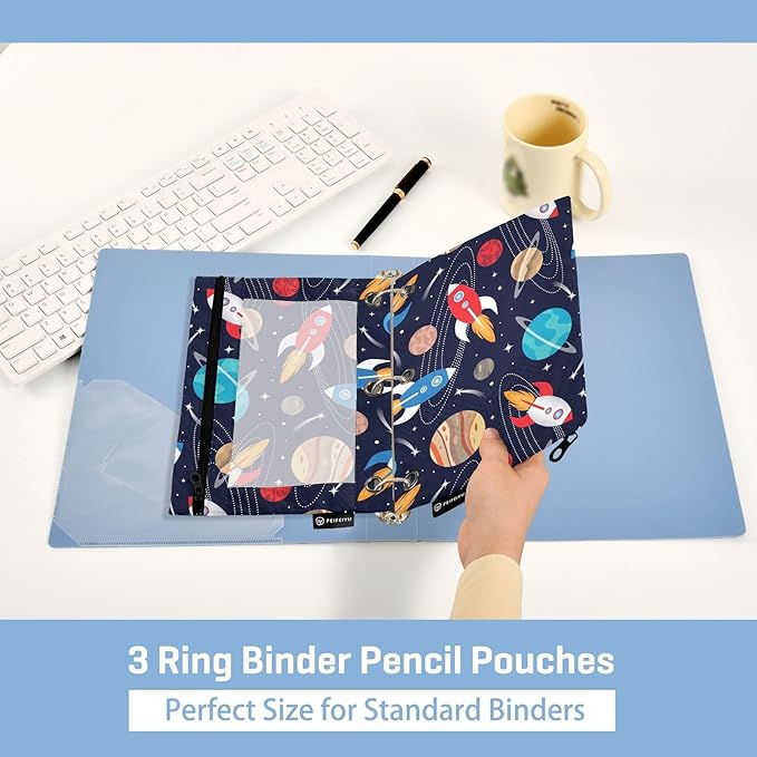 Space Cute Rockets Planets Pencil Pouch for 3 Ring Binder, 2 Pack Waterproof Pencil Bags Clear Window Zipper School Office Supplies