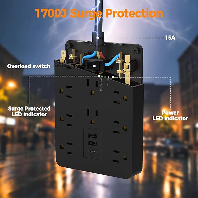 Surge Protector Power Strip Black, TESSAN Flat Plug Extension Cord 10 FT with 10 Widely AC Outlets 3 USB(1 USB C), 1700J Protection Multi Plug Charging Station for Home, Office, College Dorm Room