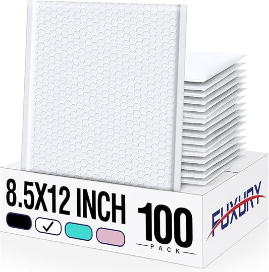 Fuxury 100 Pack White Bubble Mailers 8.5x12" Medium Opaque Bubble Envelopes Strong Adhesion Padded Mailer Thick Padded Envelopes Mailers for Small Business Mailing Books Clothes Makeup Supplies