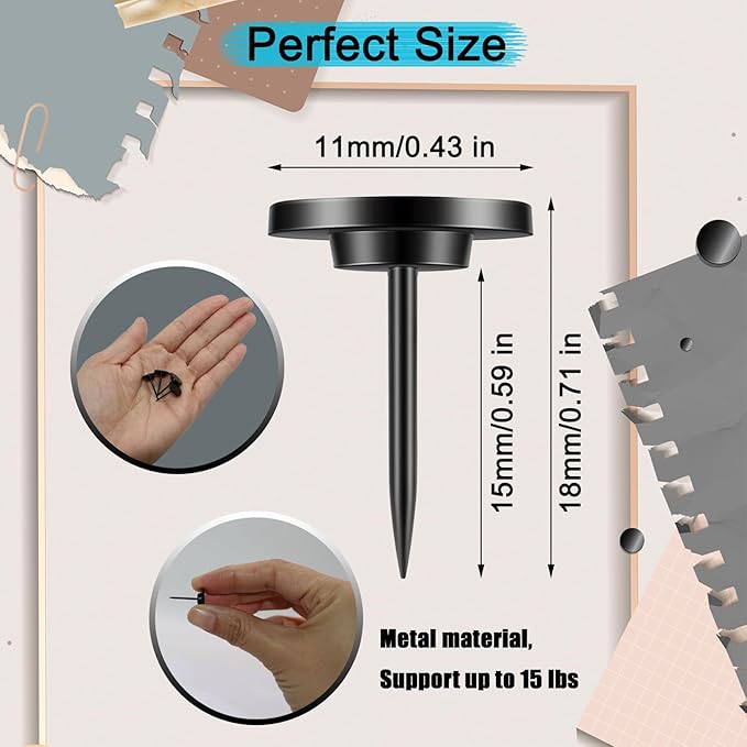 50 Pcs Push Pins for Bulletin Board, Metal Black Thumb Tacks for Picture Photo Hanging, Small Nails Flat Thumbtacks for Drywall Cork Board , Wall Tack Pins for Shadow Box Office Home Decorative