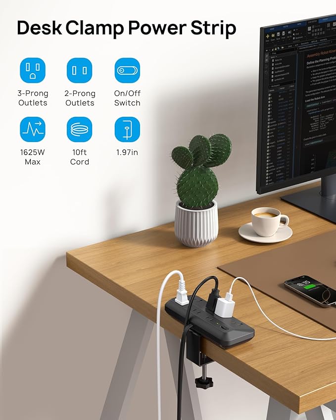 TROND Desk Clamp Power Strip - 1700J Surge Protector with 7 Outlets, Desktop Edge Mount Extension Cord, Fit 1.97" Tabletop, 10FT Flat Plug for Teacher Must Haves, Office, ETL List, Black