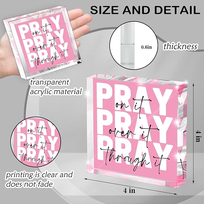 Pray on it, Pray over it, Pray through it - Pink Christian Gifts for Women, Get Well Presents, Pink Encouragement Dorm Room Decor for Female - Christian Presents for Women, Acrylic Sign