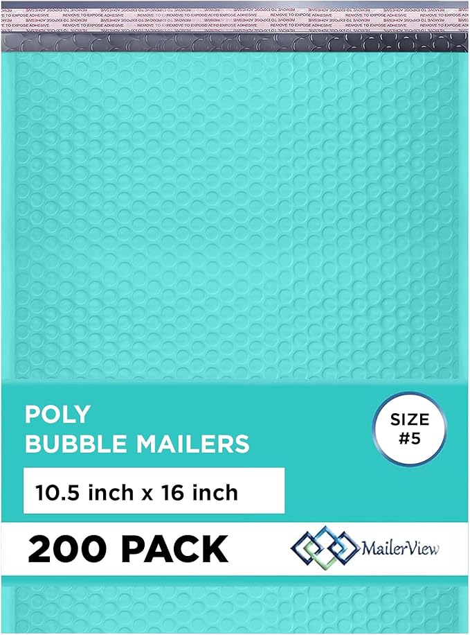 Teal 10.5x16 Inch Large Poly Bubble Mailers #5 | Padded Envelopes with Self Seal | Air Lined Cushioned Bubble Mailer | Usable Size 10.5x15 | 200 Pack Bulk | Lightweight shipping Bags