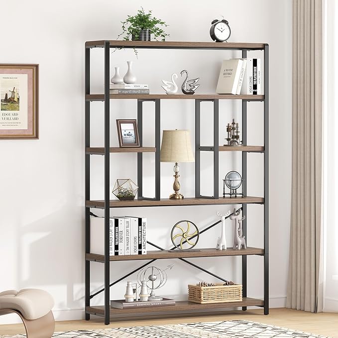LVB Tall Industrial Etagere Bookcase, Modern Wood Large Open 6 Tier Bookshelf, Vintage Wide Metal Book Shelf Organizer, Farmhouse Book Shelves for Bedroom Living Room Home Office Storage, Rustic Oak
