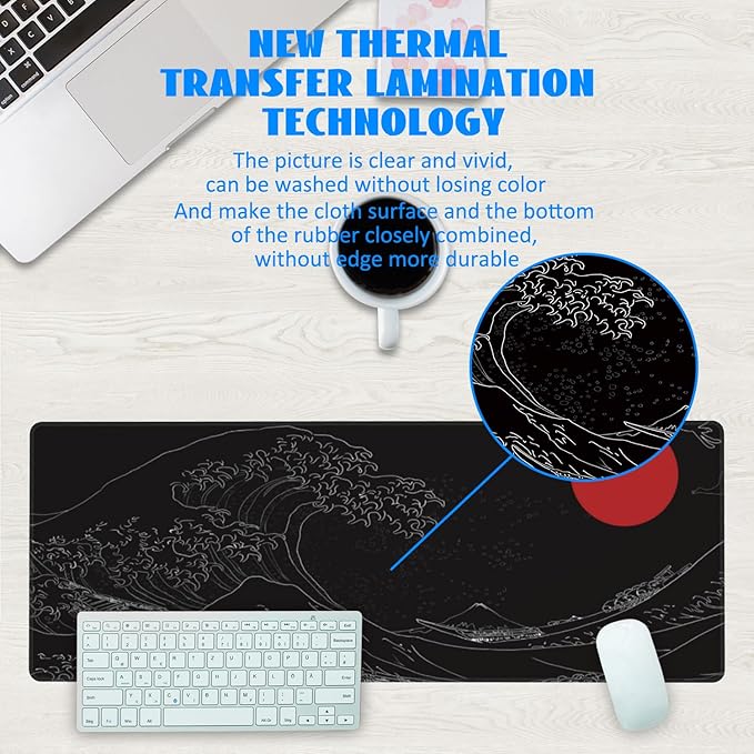 Desk Mat, Black Japanese Style Wave and Red Sun Extended Gaming Mouse Pad Large, 31.5"x11.8" Big Mouse Pad with Non-Slip Base and Stitched Edge, Long Computer Keyboard Mouse Mat for Home Office Work