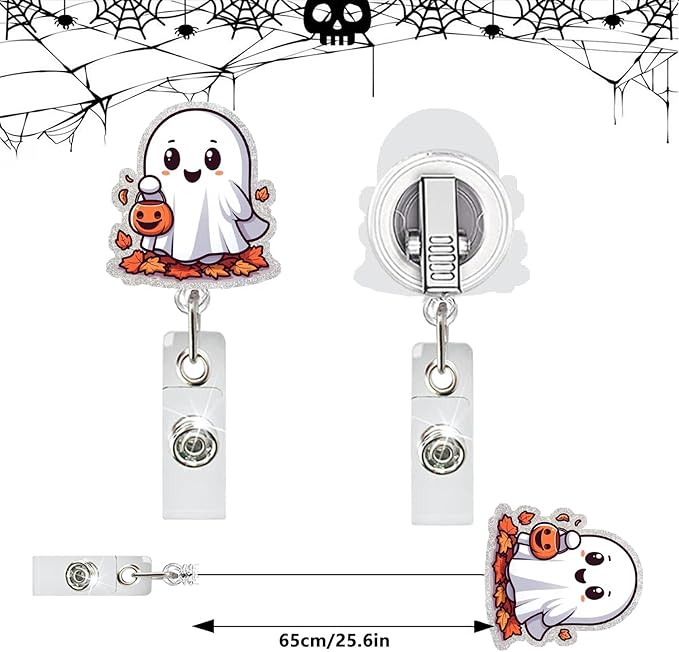 Ghost Badge Reel Retractable Ghost Carrying Basket Badge Clip with Maple Leaves Designs Acrylic Halloween ID Name Holder Clip for Nurse, Teacher, Student, Hospital, Office Worker Name Tag