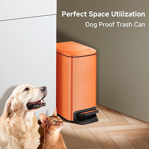 TIPGO Small Bathroom Trash Can with Lid Soft Close, 6 Liter / 1.6 Gallon Stainless Steel Garbage Can with Removable Inner Bucket, Step Pedal, Slim Trash Cans for Bedroom, Office, Kitchen (Orange)