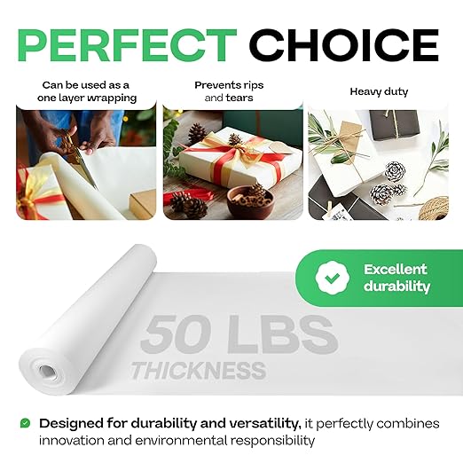 White Kraft Paper Roll 12" x 8640" (720 feet) for Packing, Moving, Shipping, Crafts - USA-Made Heavy Duty Craft Paper 50lb Thickness - 100% Recyclable Natural Kraft Wrapping Paper by IDL Packaging