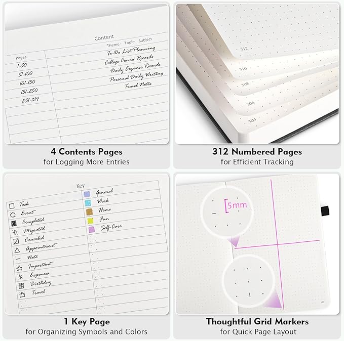 Bullet Dotted Journal Notebook, 312 Numbered Pages A5 Hardcover Leather Journal, 100gsm No Bleed Paper Dot Grid Notebook with Index Pages, Dot Journal for Women Men, 5.75" x 8.38", Black