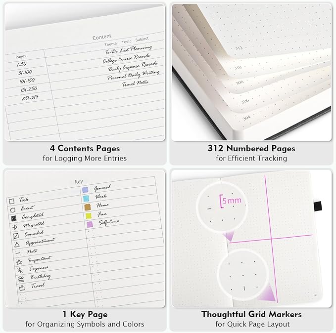 Bullet Dotted Journal, Large A4 Hardcover Leather Journal, 312 Numbered Pages Thick Journal, 100gsm No Bleed Paper Dot Grid Notebook for Women Men, 8.5'' × 11'', Black