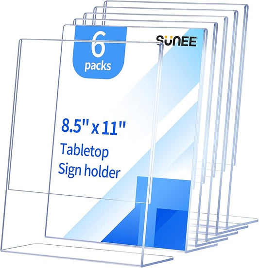 SUNEE 6 Packs Clear Plastic Sign Holders for 8.5x11 Paper, Vertical L-shape Frame for Displaying Signs and Menus