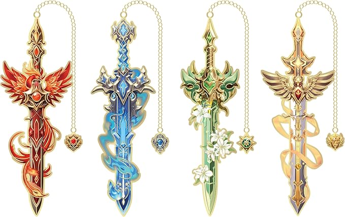 Fantasy Sword Bookmarks 4pcs - Medieval Knight Warrior Metal Book Marks for Readers, Gifts for Book Lovers, Cool Literary Page Holders for Reading Accessories, Men Women Teens, Christmas Birthday
