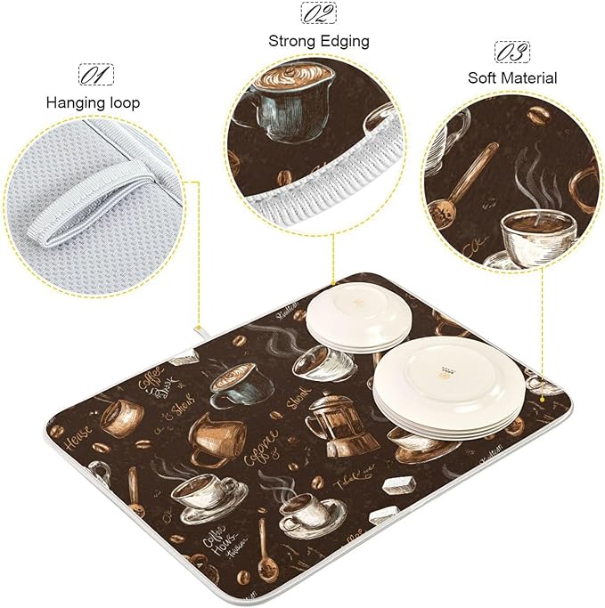 Coffee Beans Dish Drying Mat for Kitchen Counter 16 x 18 Inch Absorbent Microfiber Dry Dishes Mats Drainer Mat Dish Drying Pad for Countertops