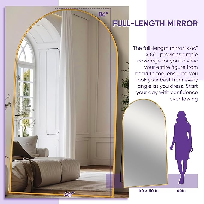 Full Length Mirror, 86"x46" Oversized Floor Mirror Freestanding, Full Body Mirror Floor Standing Mirrors with Stand, Hanging Mounted Mirrors for Bedroom Living Room, Gold, Arched Style