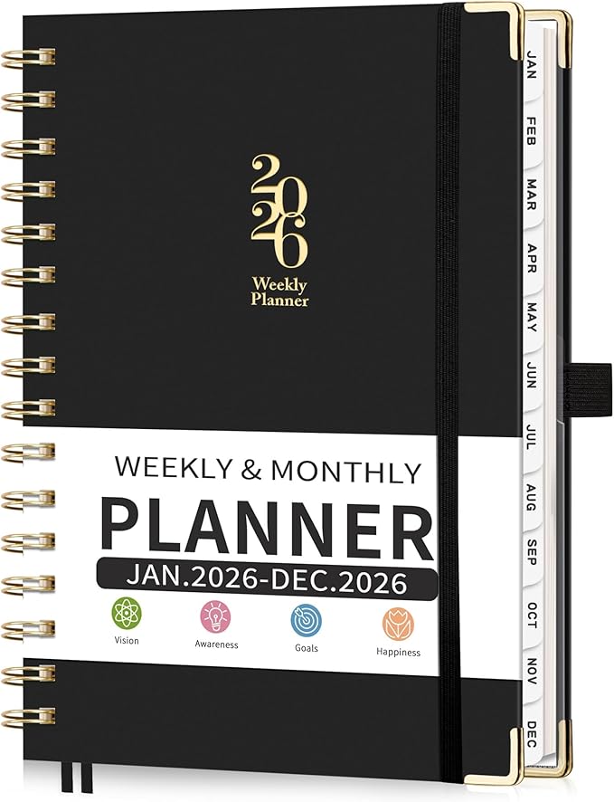2026 Planner, Weekly and Monthly, A5 Size (5.7" x 8.3"), Jan 2026 - Dec 2026, Calendar, To-do List, Agenda, 12-Month Tabs, Hardcover, 100 GSM Thick Paper, Spiral-bound (Black)