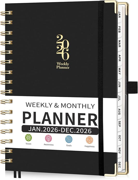 2026 Planner, Weekly and Monthly, A5 Size (5.7" x 8.3"), Jan 2026 - Dec 2026, Calendar, To-do List, Agenda, 12-Month Tabs, Hardcover, 100 GSM Thick Paper, Spiral-bound (Black)