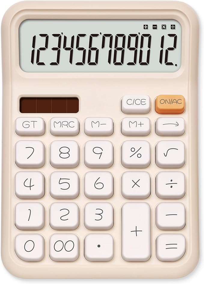Pendancy Calculators Desktop, Basic 4 Function Handheld Desk Calculator with Solar Battery Dual Power, 12 Digit Large LCD Display Big Button for Office School Home Use (Beige)