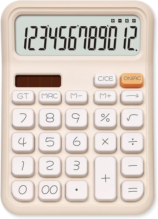 Pendancy Calculators Desktop, Basic 4 Function Handheld Desk Calculator with Solar Battery Dual Power, 12 Digit Large LCD Display Big Button for Office School Home Use (Beige)