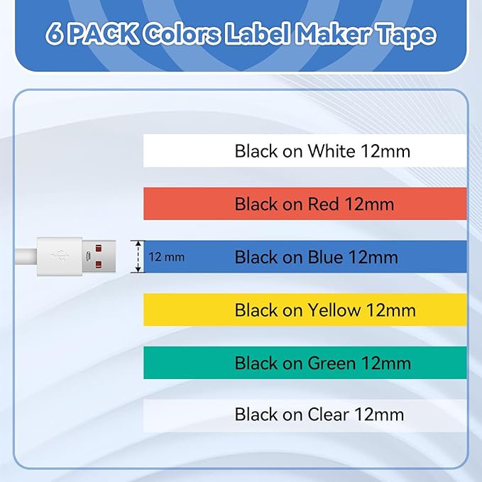 Label Maker Tape Colored Refill Compatible with Brother P-Touch Label Tape TZe 12mm 0.47 Ribbon Laminated TZ Colored Refills TZe-231 for PT-D210 D220 H110 D410 P710BT H111 1070 1880, 6-Pack