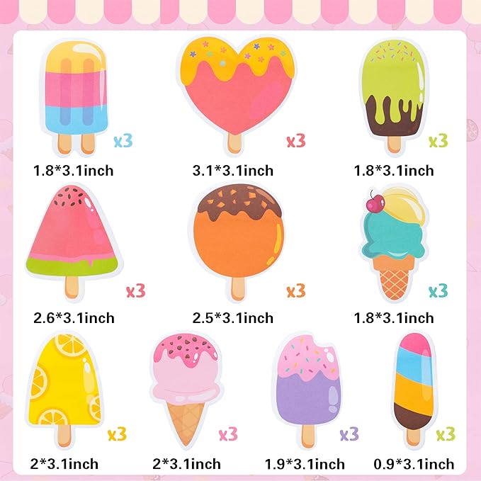 Xqumoi 30 Pack Ice Cream Sticky Notes, Total 600 Sheets, Assorted Summer Fruit Popsicle Sticks Self Sticky Memo Pads for Office School Student Kids Class Birthday Party Favors Goodies Bag Fillers