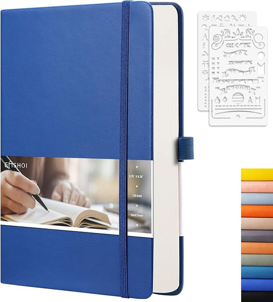 EMSHOI A5 Dotted Journal - 256 Pages with 120gsm Thick Dot Grid Paper, Hardcover Leather Dotted Notebook, 16 Perforated Pages, Pen Loop & Inner Pocket, for Bullet Journaling, 5.75” x 8.38”, Blue